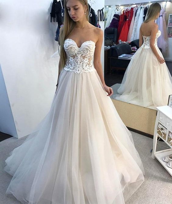 Light champagne tulle lace long prom dress, lace evening dress cg19481