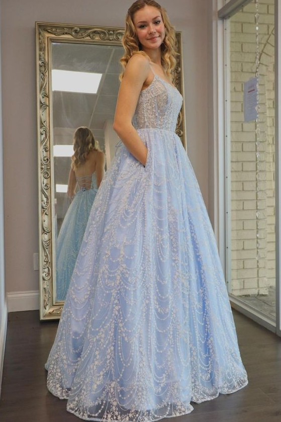 A-line light blue long prom dress with pockets and lace up back cg1949 classygown A-line light blue long prom dress with pockets and lace up back cg1949 classygown