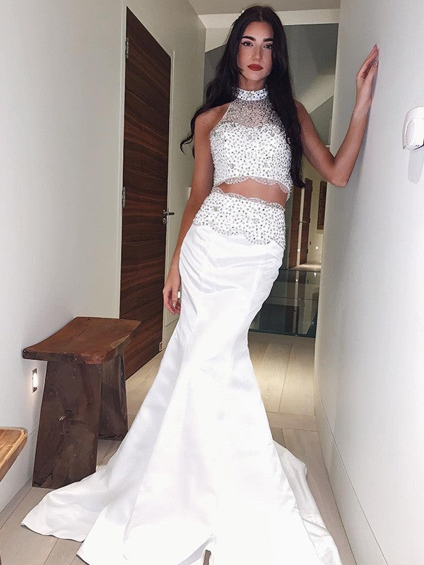 Trumpet/Mermaid Satin Beading High Neck Sleeveless Sweep/Brush Train Two Piece Dresses Prom Dress cg19522