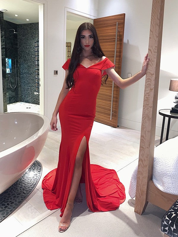 Sheath/Column Spandex Ruched Off-the-Shoulder Sleeveless Court Train Dresses Prom Dress cg19524