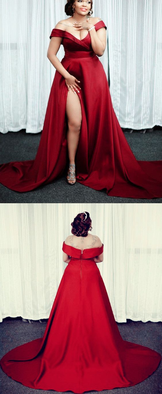 off the shoulder red prom dresses, plus size red dress split side cg19537