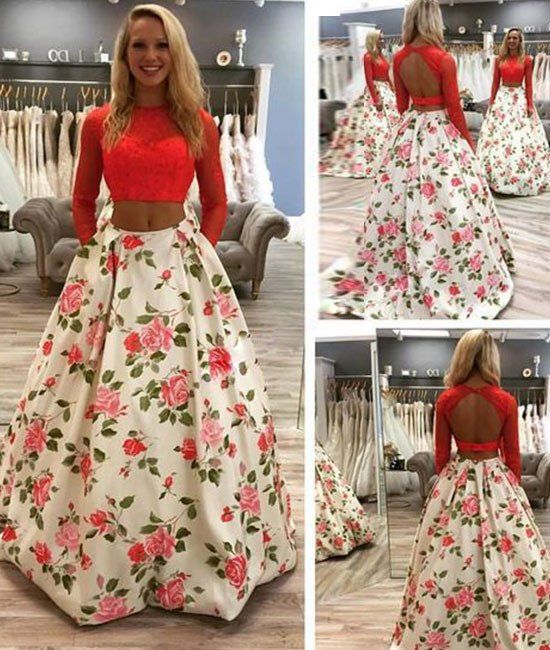 Unique red two pieces long prom dress, red evening dress cg19539