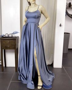 Stahlblaues Satin-Brautjungfernkleid mit Spaghettiträgern, Satinkleid mit Schlitz am Bein, langes Ballkleid, Abendkleid cg19553