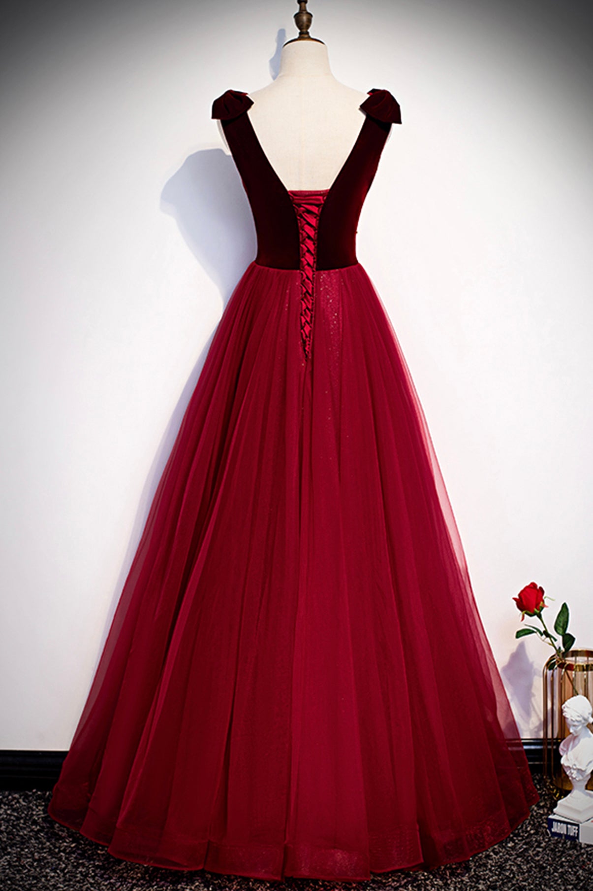 BURGUNDY TULLE LONG A LINE PROM DRESS FORMAL DRESS cg19563