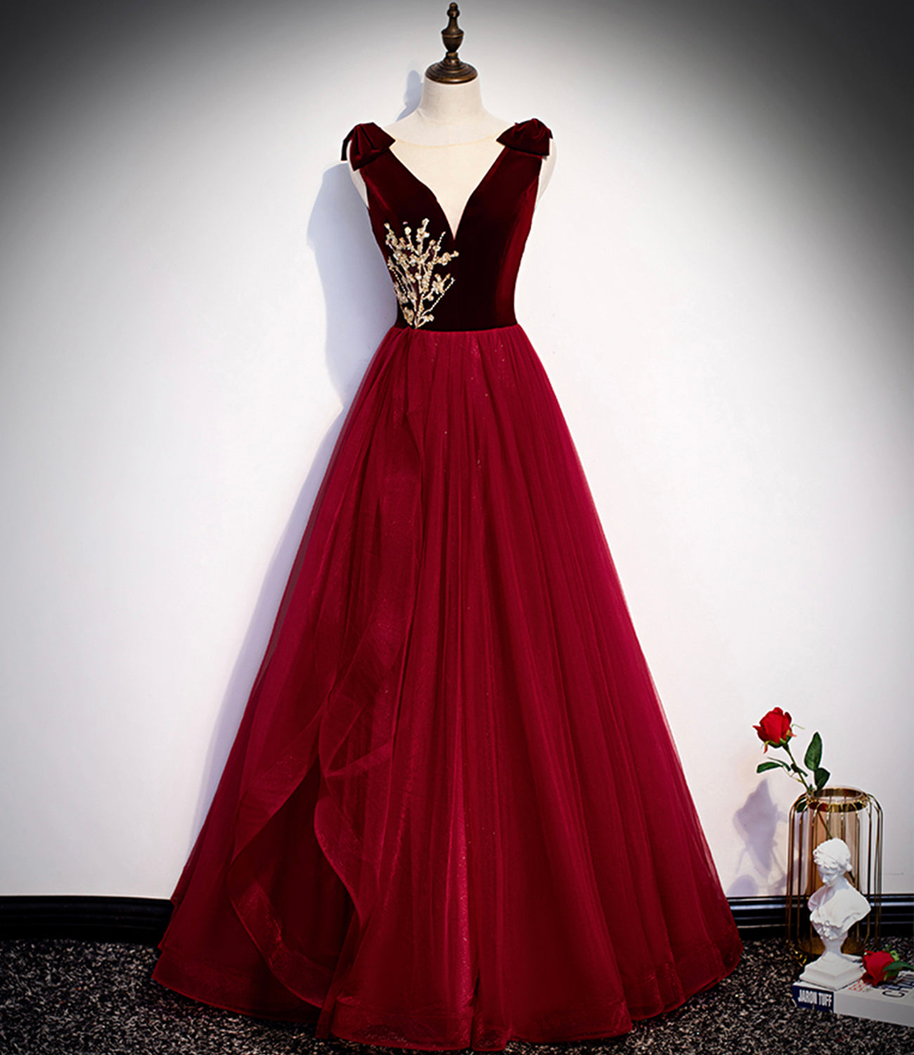 BURGUNDY TULLE LONG A LINE PROM DRESS FORMAL DRESS cg19563