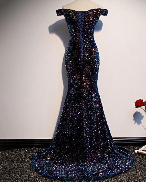 mermaid navy blue sequins evening dress with off the shoulder top prom dress formal dress cg19570