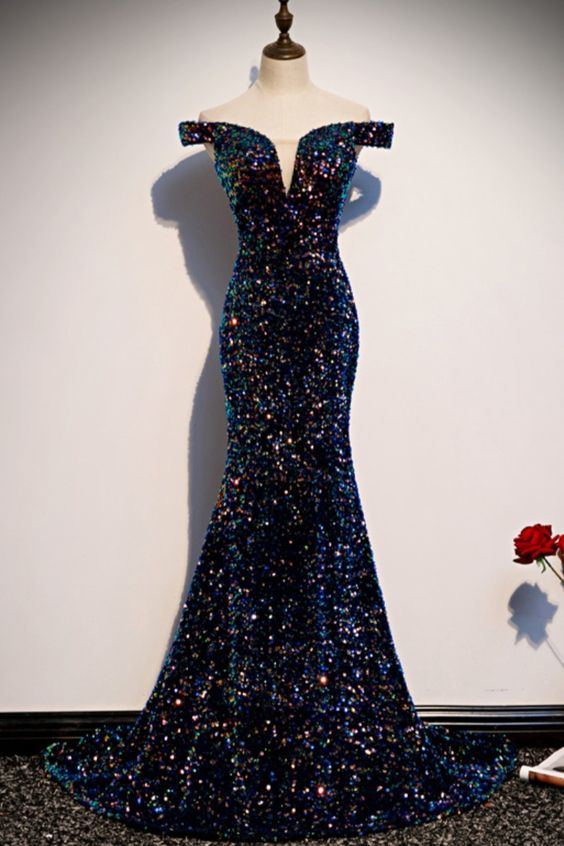 mermaid navy blue sequins evening dress with off the shoulder top prom dress formal dress cg19570