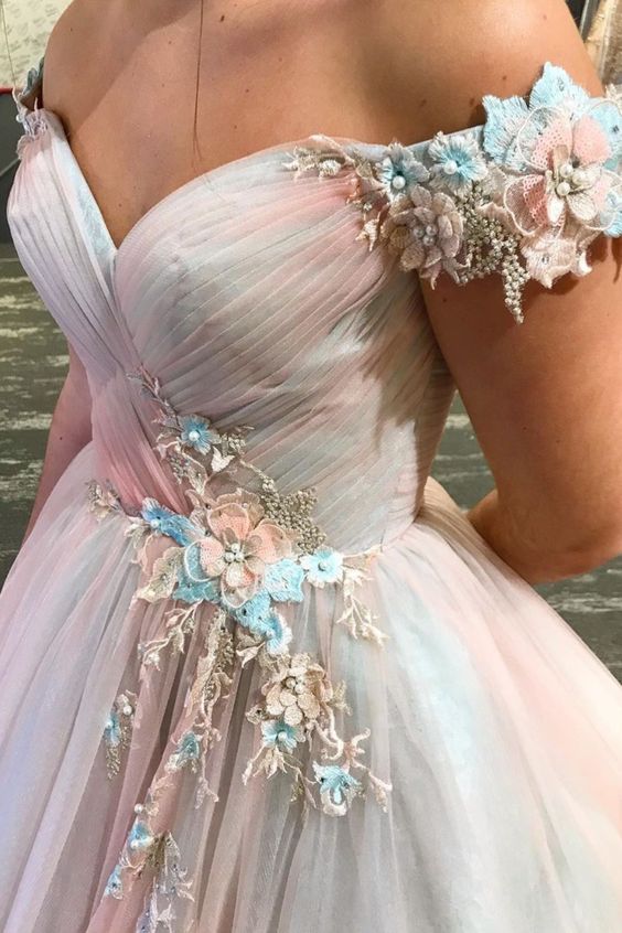 Princess Off the Shoulder Pink Long Formal prom Dress with handmade Flowers cg19571
