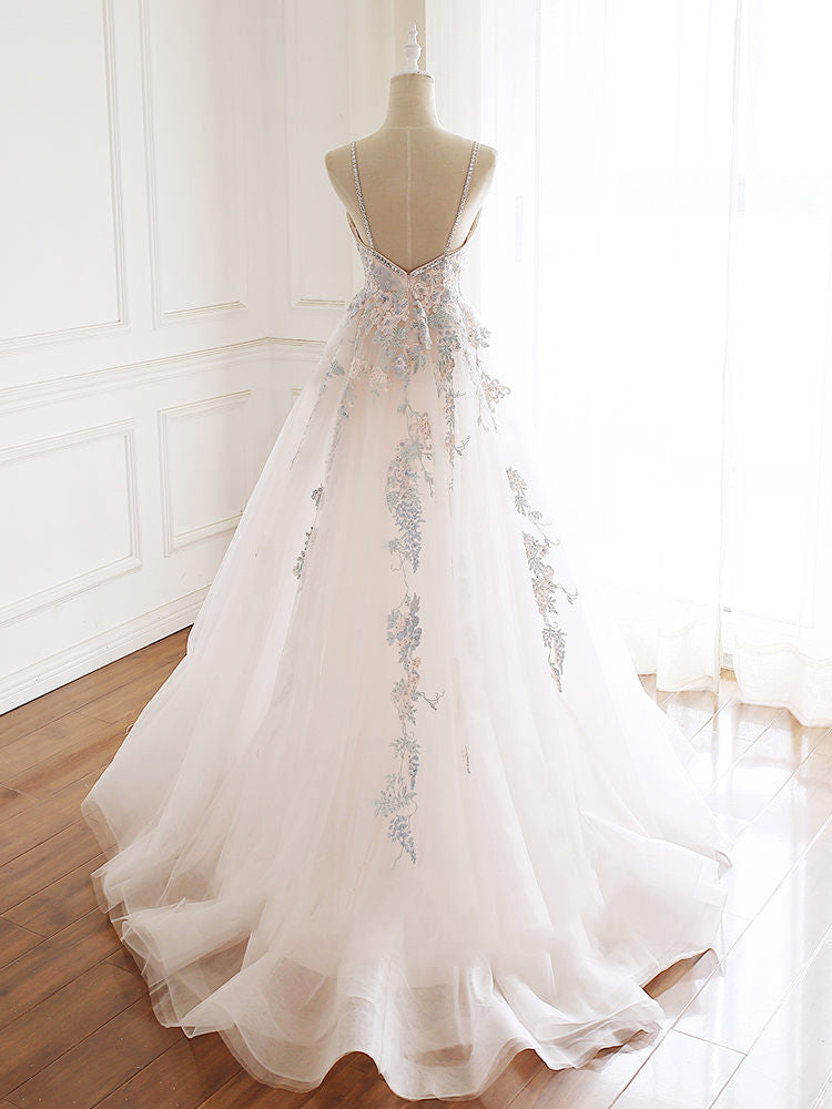Princess Spaghetti Straps Embroidery Tulle Prom Dress cg19577