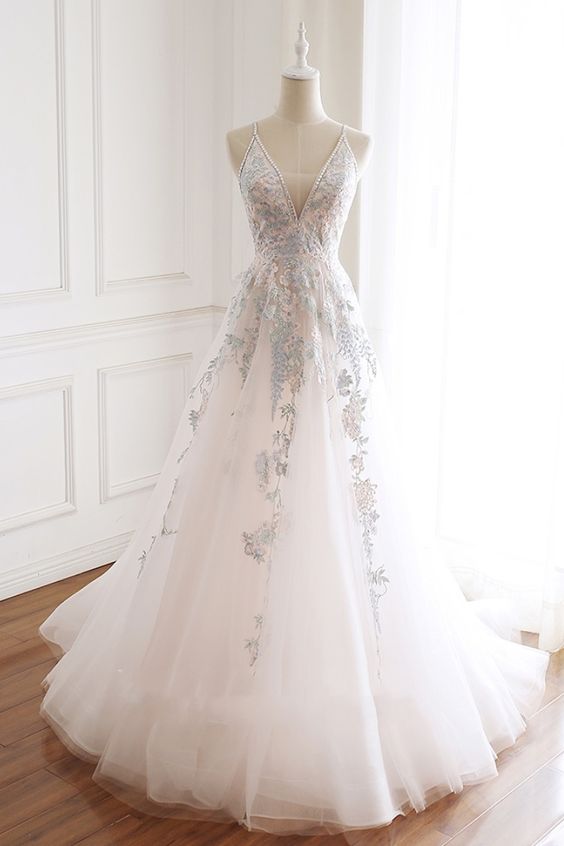 Princess Spaghetti Straps Embroidery Tulle Prom Dress cg19577