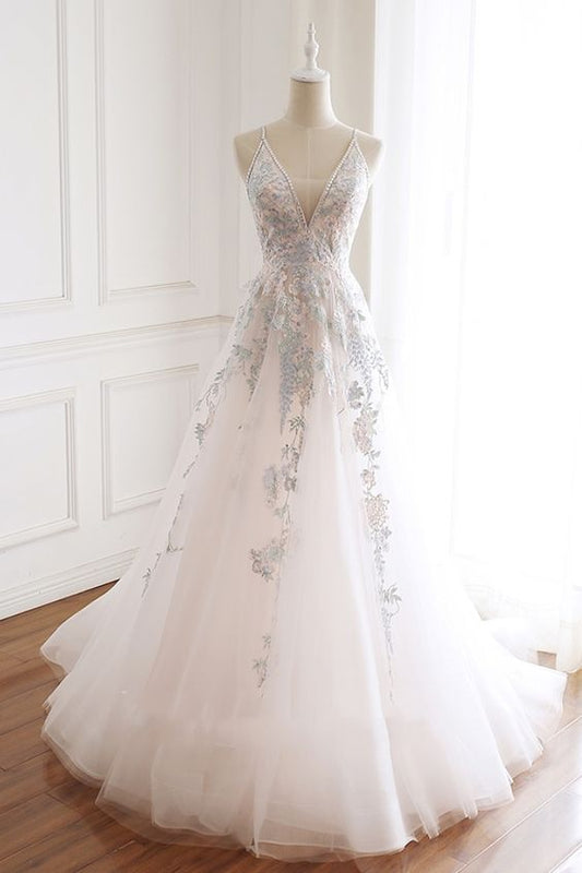 Princess Spaghetti Straps Embroidery Tulle Prom Dress    cg19577