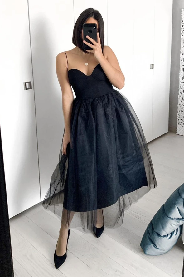 short black tulle dress Black Round Neck Lace Tulle Short Prom Dress, Black Evening Dress US 10 / Black