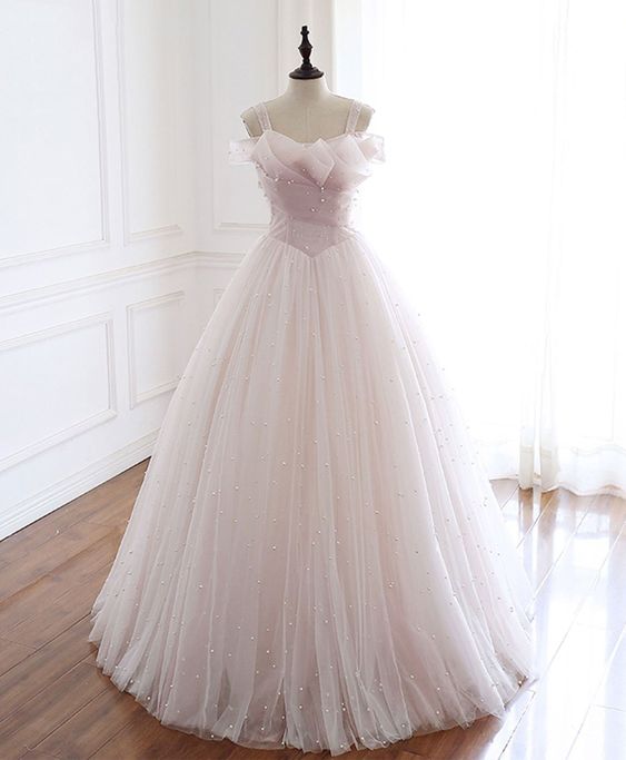 Light Pink Tulle Long Prom Dress Pink Tulle Formal Dress cg19589
