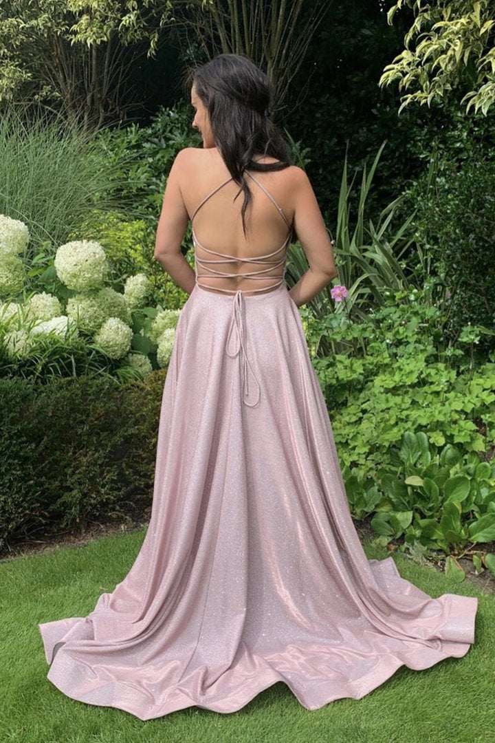 Pink A line long backless prom dress evening dress    cg19608