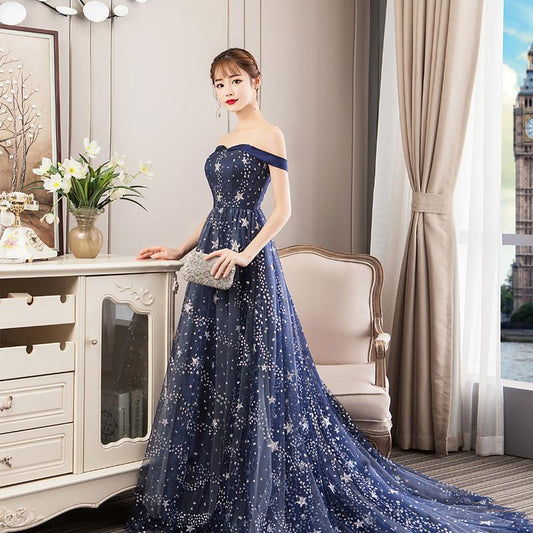 Navy Blue Charming Off Shoulder Long Formal Dress 2021 prom dress evening dress    cg19611