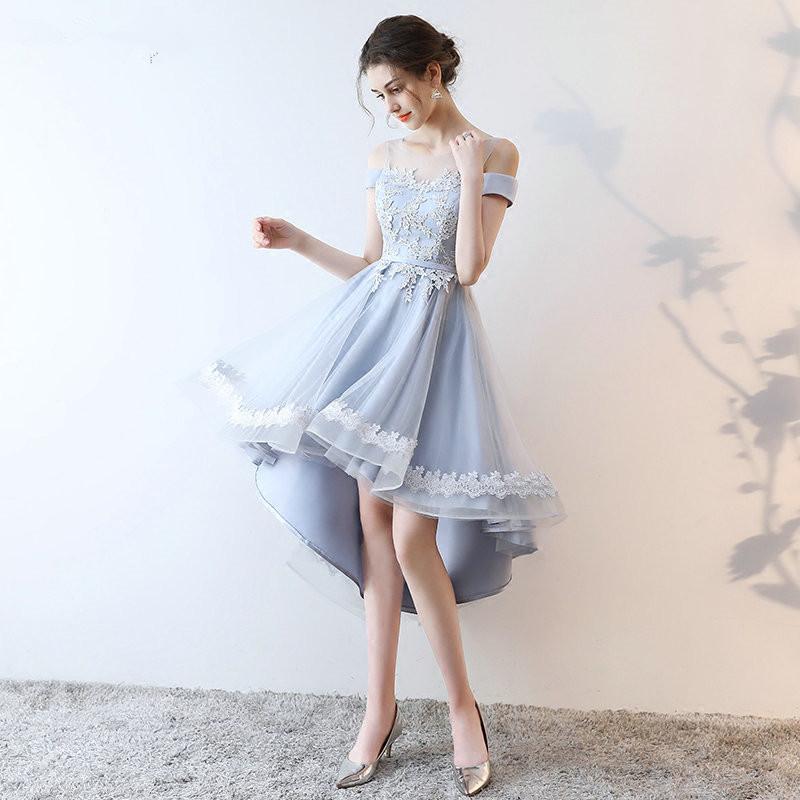 Beautiful Light Grey Tulle Off Shoulder High Low Lace Party Dress, Grey Homecoming Dress cg19612