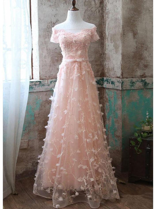Perlenrosa Spitze Schulterfrei Elegantes Langes Ballkleid, Florale Spitze A-Linie Brautjungfernkleid cg19614