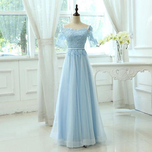 Light Blue Tulle Long Party Dress With Sleeves Prom Dresse    cg19617