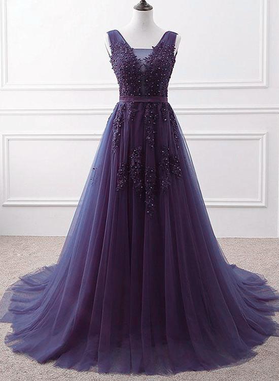 Lovely Purple Handmade Tulle V-Neckline Long Party Dress Long Prom Dress cg19619