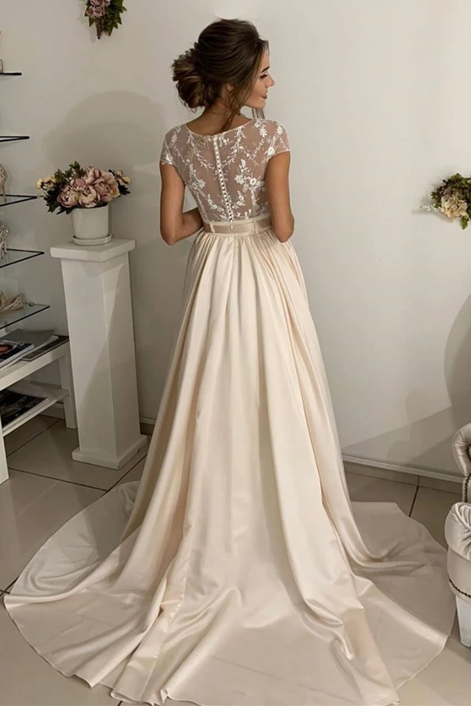 Round Neck Cap Sleeves Light Champagne Lace Long Prom Dress, Champagne Lace Long Formal Evening Dress cg19627
