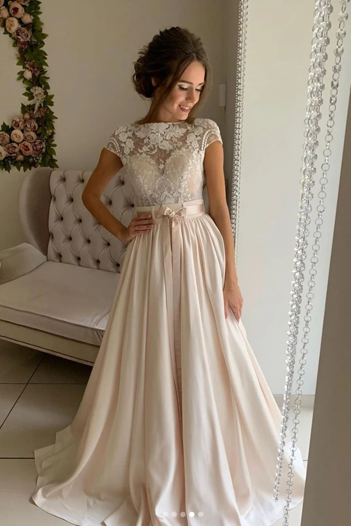 Round Neck Cap Sleeves Light Champagne Lace Long Prom Dress, Champagne Lace Long Formal Evening Dress cg19627