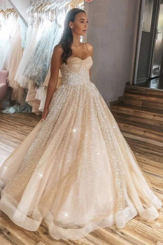 Shiny Thin Straps Champagne Long Prom Gown, Long Champagne Formal Prom Dress, Sparkly Champagne Evening Dress cg19629