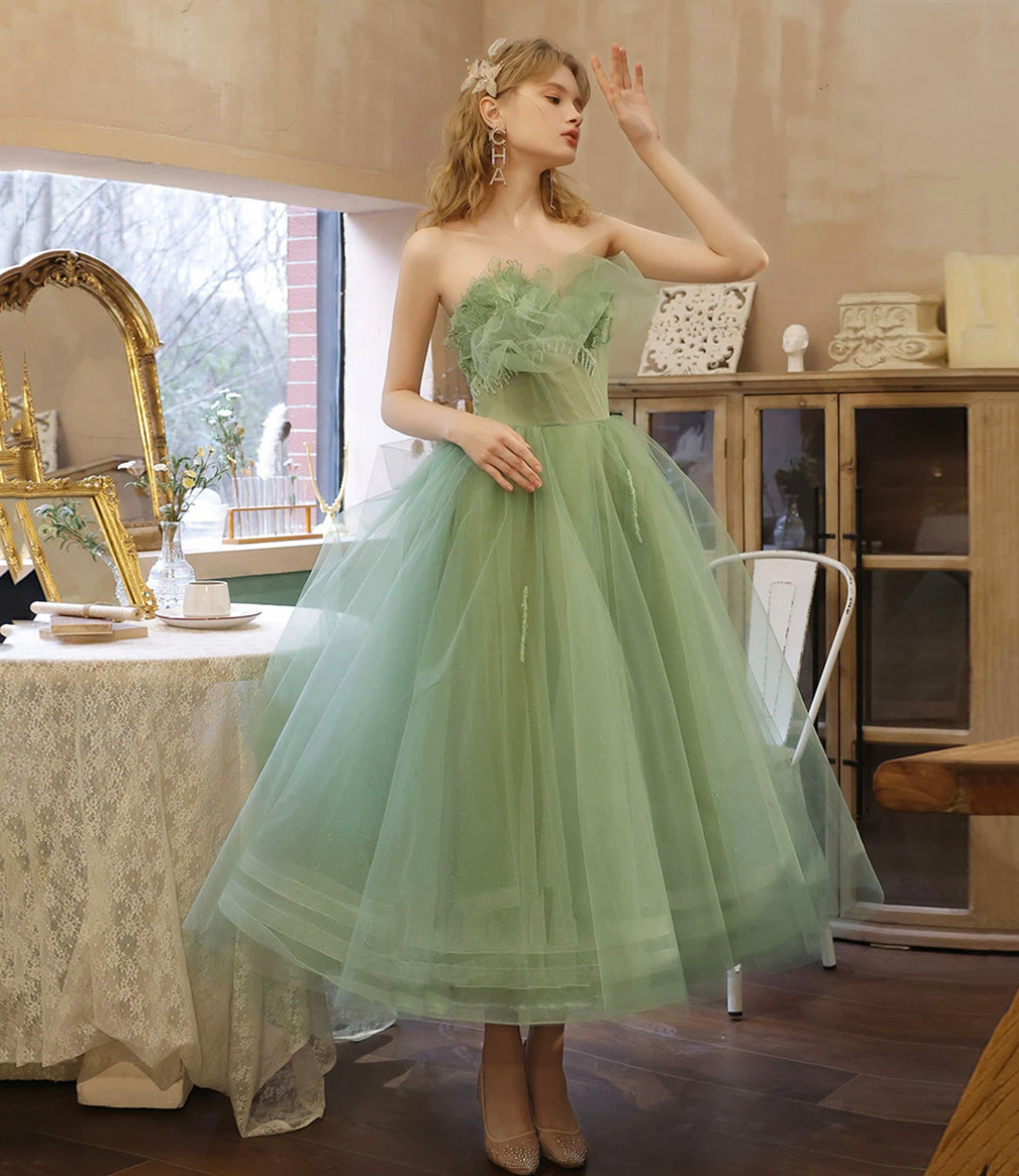 GREEN TULLE SHORT PROM DRESS GREEN EVENING DRESS cg19637