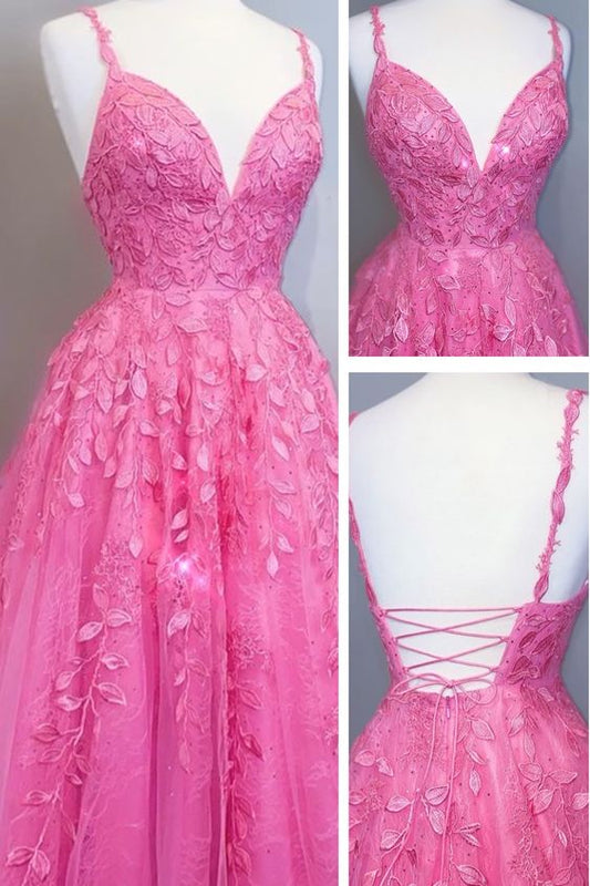 2021 Pinkes langes A-Linien-Ballkleid mit Spitzenapplikationen cg19639