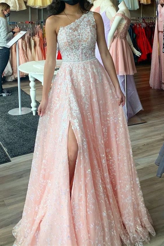 elagant one shoulde pink lace long prom dress with side slit cg19641