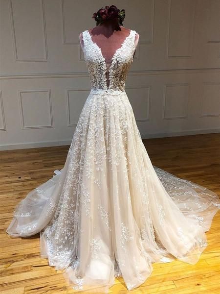 Deep V Neck and V Back Champagne Lace Long Wedding Dresses, Champagne classygown Deep V Neck and V Back Champagne Lace Long Wedding Dresses, Champagne classygown