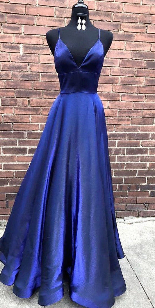 Schlichtes, elegantes A-Linien-Abendkleid mit V-Ausschnitt und Spaghettiträgern, marineblau, lang, cg1966