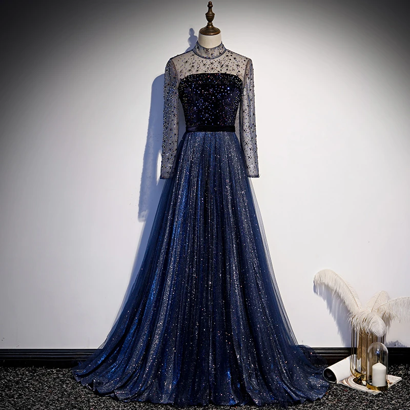 Navy Blue Long Sleeves Shiny Sparkle Long Evening Dress, Sequins Blue Wedding Party prom Dress cg19682