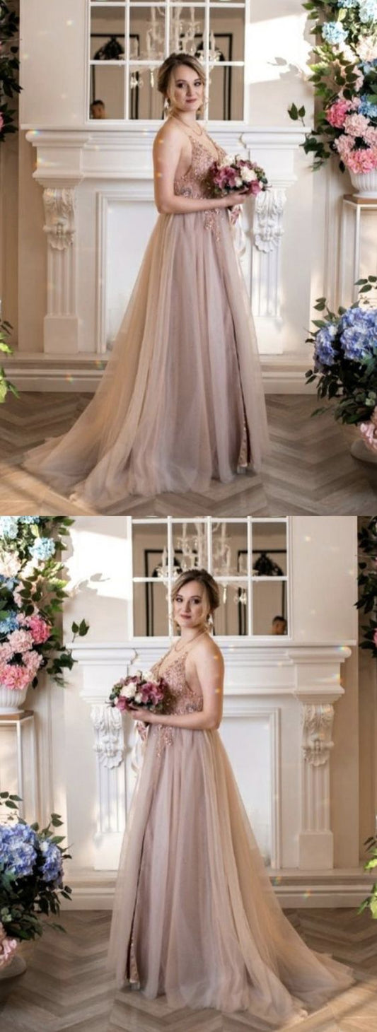 Elegant Nude Pink Tulle Split Prom Dresses Beaded V Neck Spaghetti Straps Formal Gown   cg19723