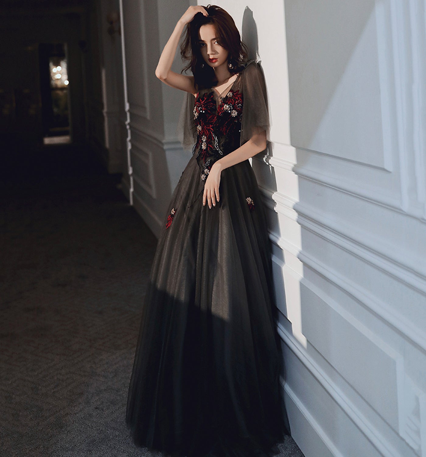 BLACK LACE LONG PROM DRESS BLACK EVENING DRESS cg19735