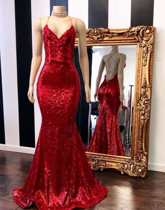 Rotes Pailletten-Ballkleid mit V-Ausschnitt und Spaghettiträgern, offenem Rücken und Trompetenärmeln, cg1976