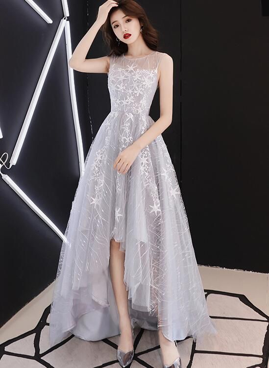 fashion Prom Dresses Light Grey Lace High Low Round Neckline cg19770