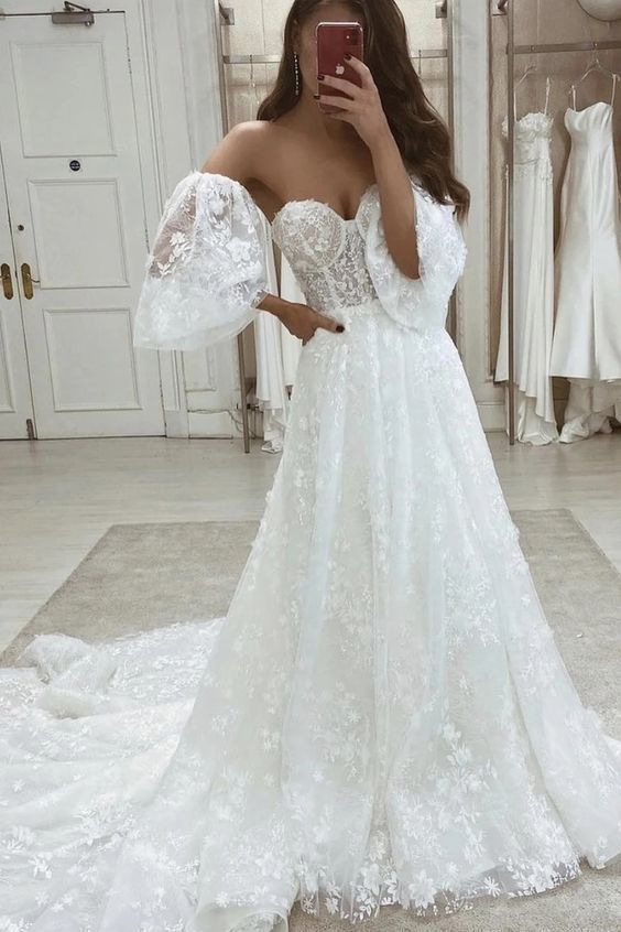 Sweetheart White Tulle Lace Long Prom Dress cg19780