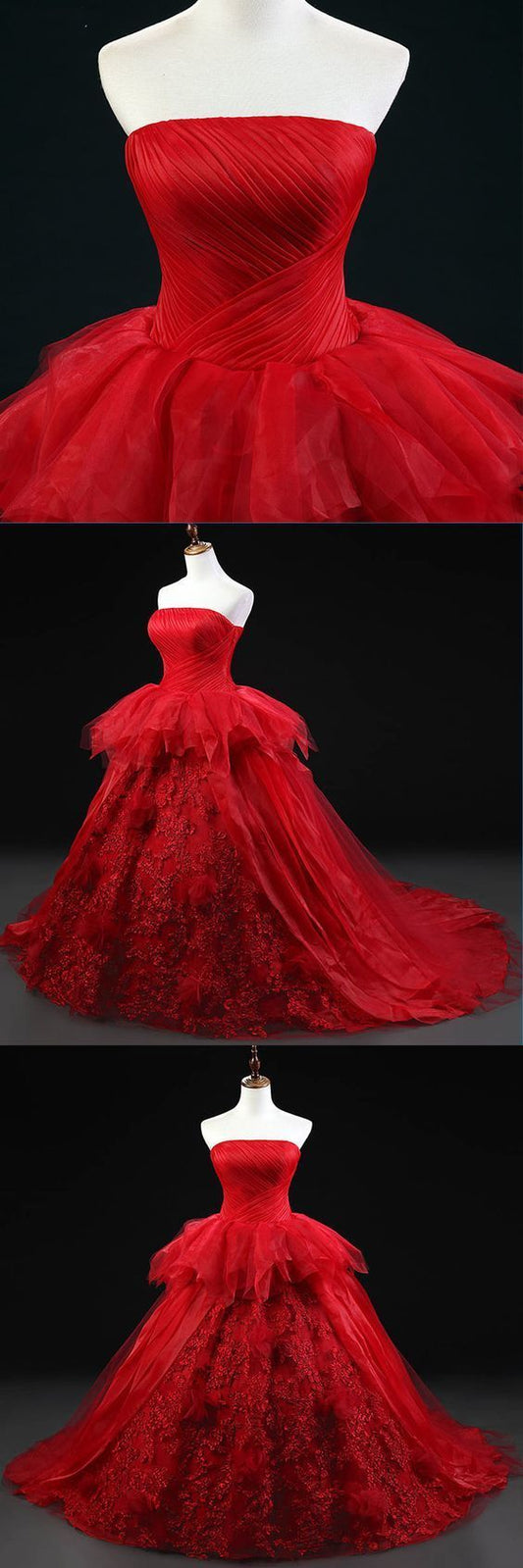 Red tulle strapless A-line ball gown, red lace customize evening dress Prom Dresses   cg19792