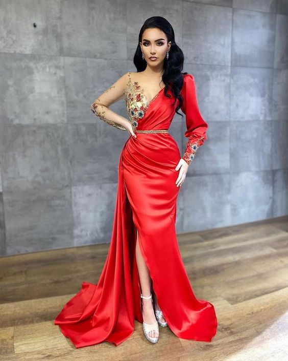 HIGH QUALITY SATIN LONG SLEEVES MERMAID EVENING GOWNS PROM DRESS cg19797