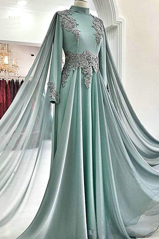 Green Tulle Sweep Train High Neck Long Arabic Prom Dress, Evening Dress With Sleeves    cg19808