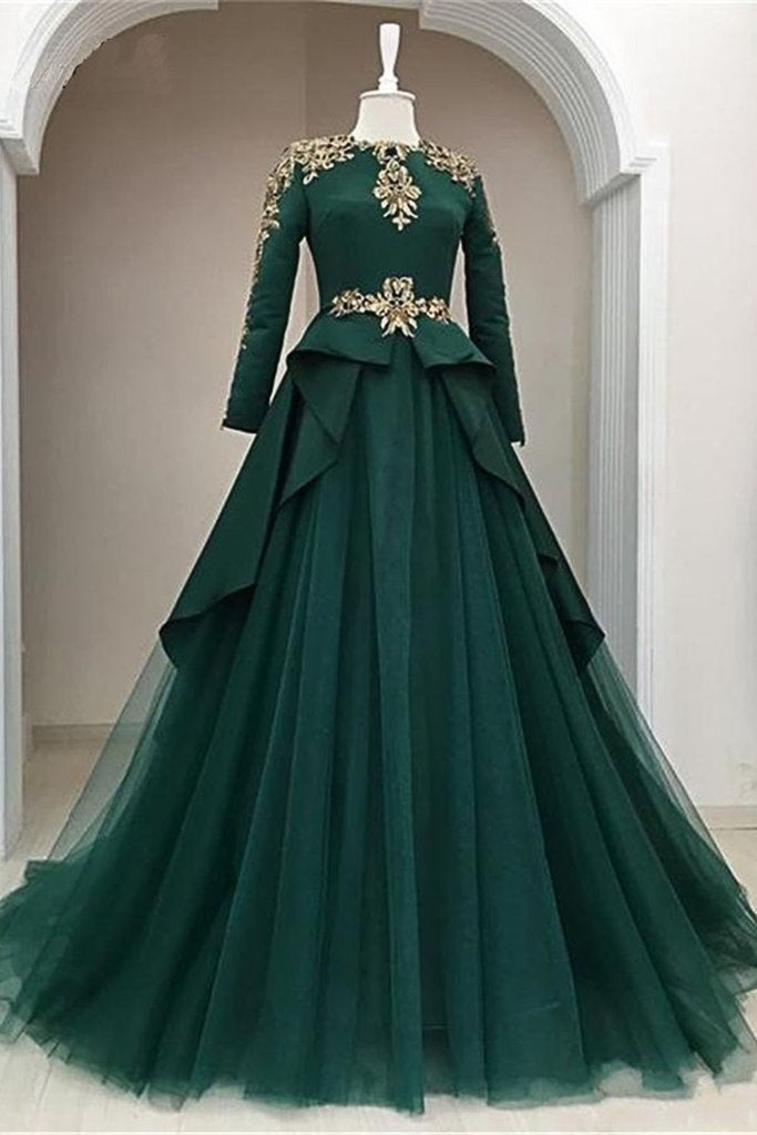 Dark Green Satin Tulle O Neck Long Sleeve Arabic Formal Prom Dress With Applique cg19809