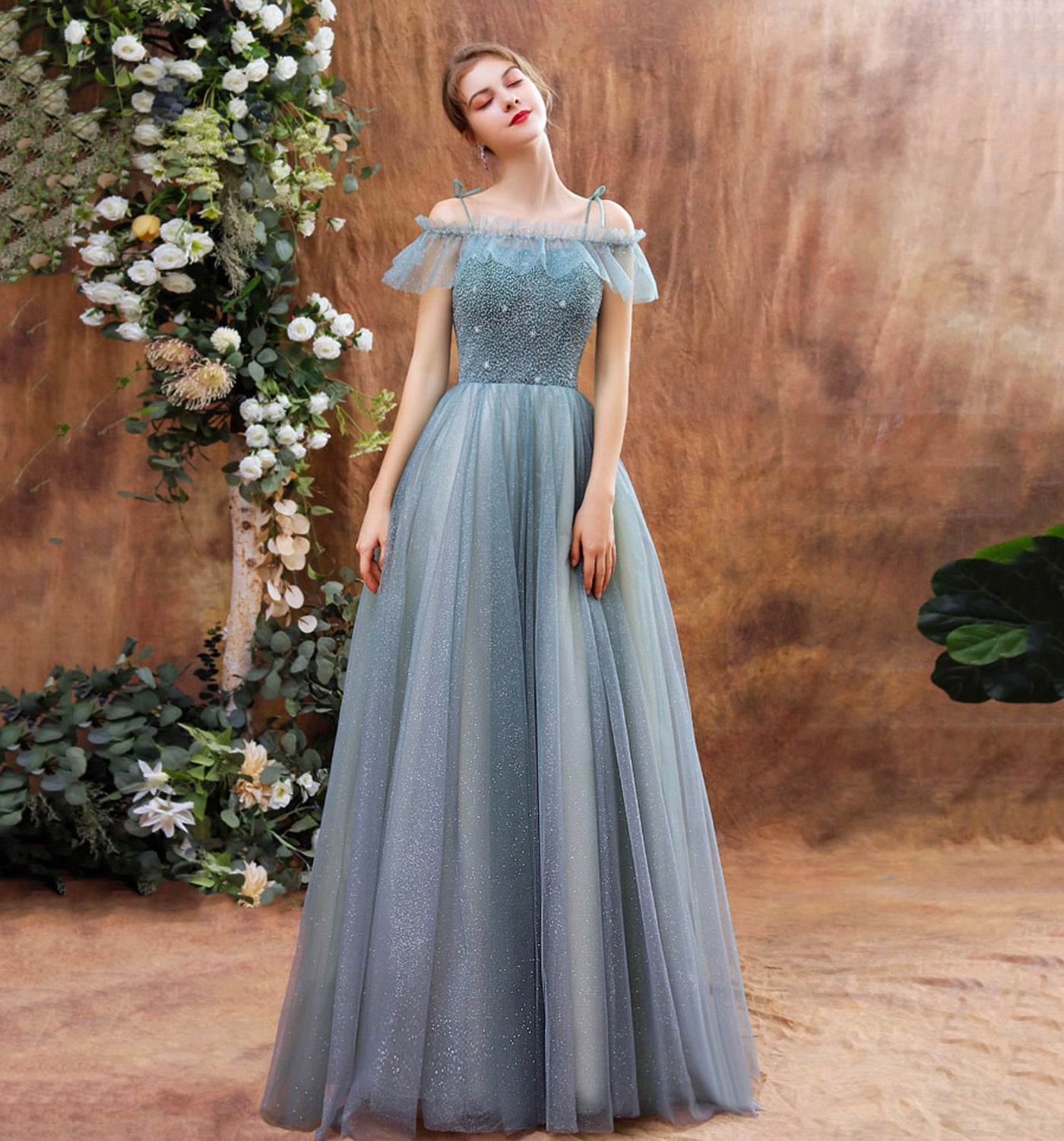 SHINY TULLE BEADS LONG PROM DRESS BLUE EVENING DRESS cg19810