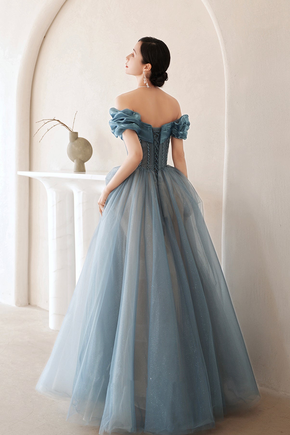 BLUE TULLE LONG A LINE PROM DRESS OFF SHOULDER EVENING DRESS cg19811
