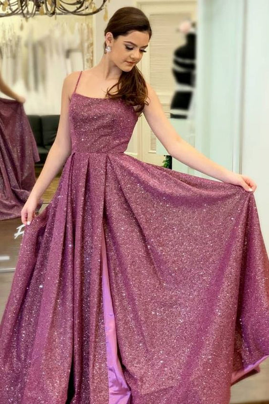 2021 günstiges langes Ballkleid, glitzerndes pflaumenfarbenes Ballkleid mit Schlitz, Ballkleider cg19816