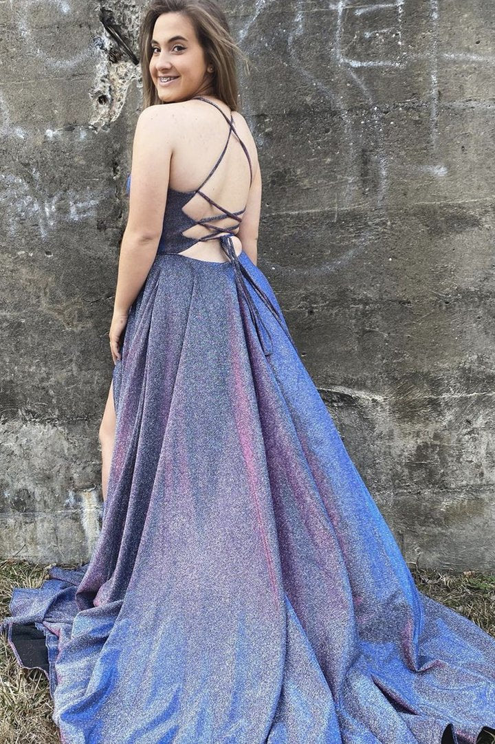 Blue satin long A line prom dress blue evening dress cg19819