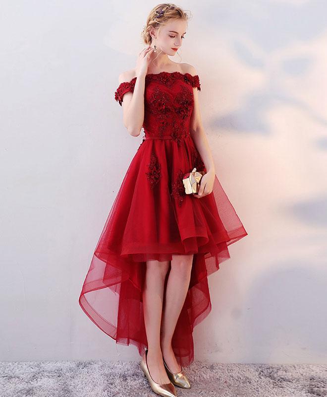 Dark Red High Low Tulle Homecoming Dress With Lace cg19835