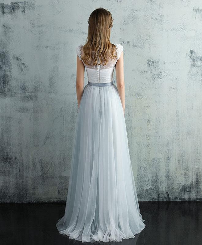 Light Grey Tulle Long Cap Sleeves Wedding Party Dress, Grey A-Line Formal Dress Prom Dress Evening Dress cg19837