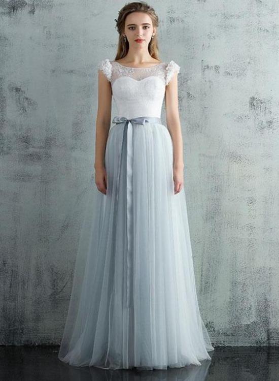 Light Grey Tulle Long Cap Sleeves Wedding Party Dress, Grey A-Line For classygown Light Grey Tulle Long Cap Sleeves Wedding Party Dress, Grey A-Line For classygown