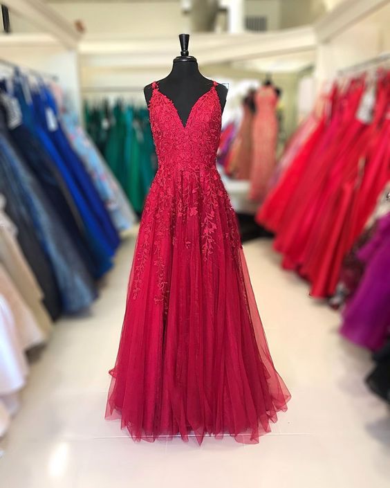 A-line Red Lace Long Prom Dress cg19855