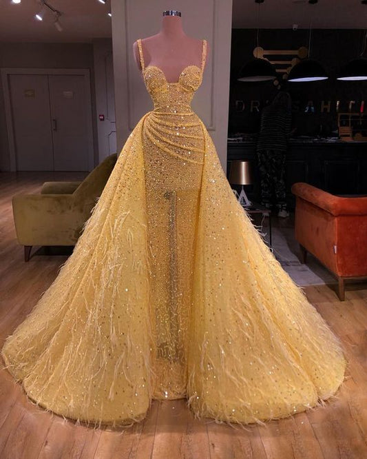 Elegant tulle ball gown prom dresses long yellow evening gown    cg19863